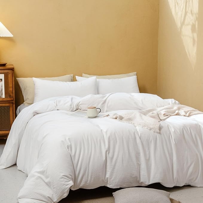 FOSSA White Duvet Cover Set, 100% Washed Cotton Linen Feel Super Soft Breathable Cozy 3 Pieces Bedding Sets Solid Off White Twin