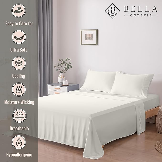 Bella Coterie Luxury Bamboo Viscose King Size Sheet Set | 100% Organically Grown | Ultra Soft | Cooling for Hot Sleepers | 18" Deep Pocket [Ivory]