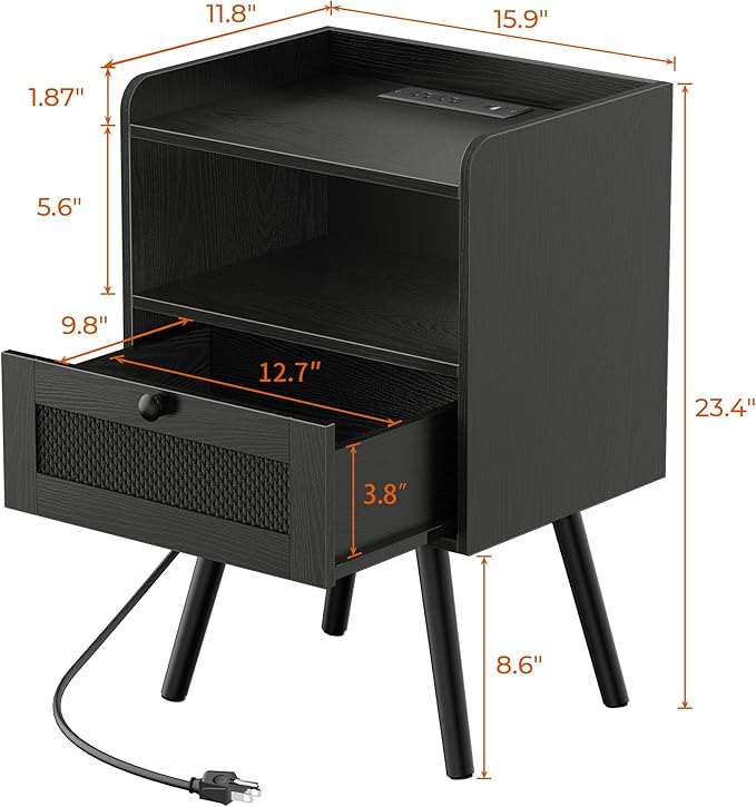 SUPERJARE Nightstand with Charging Station, Bedside Table with Texilene Surface Drawers, Rattan Side Table with Storage & Solid Wood Feet, End Table for Bedroom, All Black