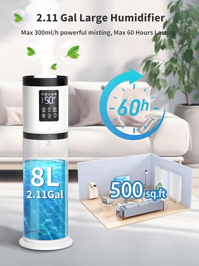 8L Humidifiers for Bedroom, 30dB Quiet, 500ft² Coverage, 60H Runtime, Top Fill, 3-in-1 Humidifier Large Room & Essential Oil Diffuser & Ambient Light, Sleep Mode, 16H Timer, Auto Shutoff Protection