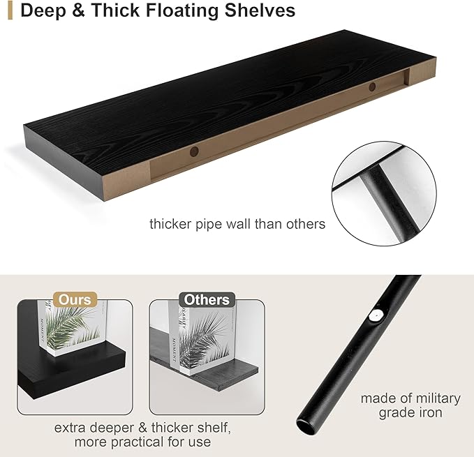 Heimlove 12 Inch Deep Floating Shelves, 55 x 12 inch Extra Long Floating Shelves for Wall, Large Display Shelf & Storage Shelf for Living Room Bedroom Kitchen Home Office, Set of 1, Black