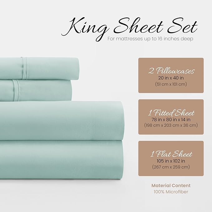 Linen Market Brushed Microfiber King Sheet Set 4 Piece – Oeko-TEX Certified Ultra Soft & Wrinkle-Free - 16" Deep Pocket Sheets - Easy Care King Size - Aqua