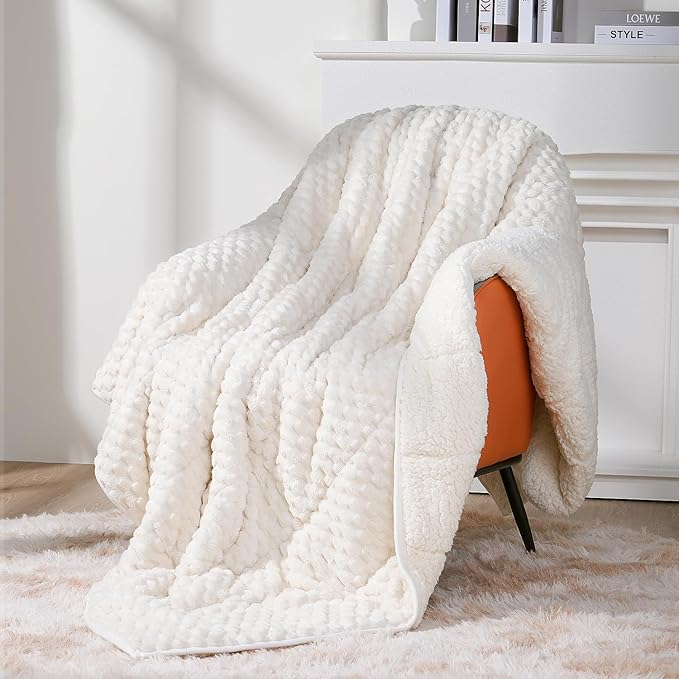 Topblan Weighted Blanket for Adults (48" x 72" 15lbs, Cream White), Soft Sherpa Twin Size Heavy Blanket, 3D Jacquard Flannel Fleece Weighted Blankets for Couch and Bed