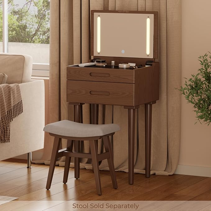 Solid Wood Small Vanity Desk with Mirror and Lights, Narrow Makeup Vanity for Small Space, Flip Top Vanity Side Table, 3 Color Modes & Adjustable Brightness, 19.6" Slim Dressing Table, Walnut