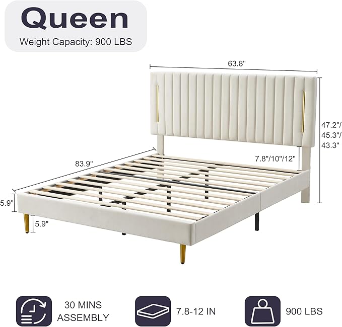 Queen Platform Bed Frame, Velvet Upholstered Bedframe with Vertical Channel Adjustable Headboard, Golden Plating Trim, Mattress Foundation with Wooden Slats, No Box Spring Needed, Beige