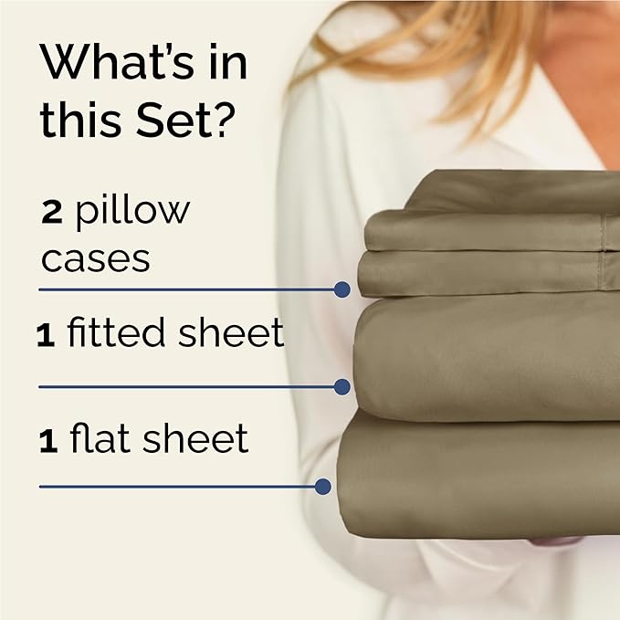 Twin XL 4 Piece Sheet Set - Cooling, Comfy & Breathable - Hotel Luxury Bedding, Includes Fitted Sheet for Women, Men, Kids and Teens - 1 Flat, 1 Fitted Sheet, 2 Pillowcases with Deep Pockets - Khaki