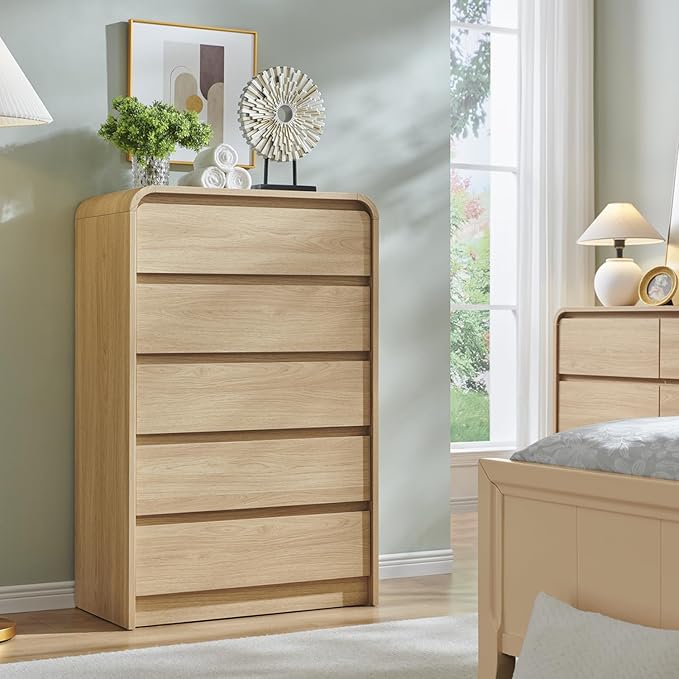 Modern 5 Drawers Dresser for Bedroom, 45" Tall Dressers & Chests of Drawers w/Curved Profile Design, Wood Mid Century Vertical Dresser w/Natural Texture for Bedroom, Living Room, Natural Oak