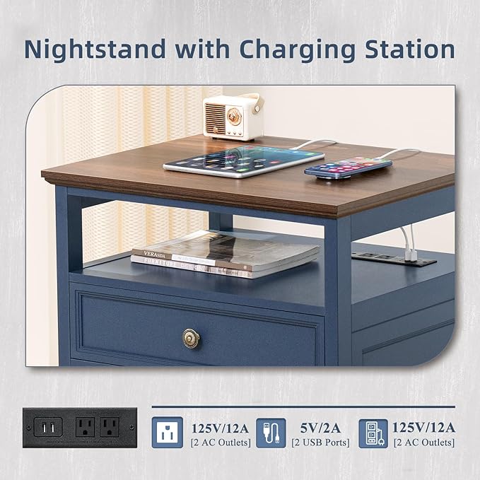 Farmhouse Nightstand with Charging Station, 24" Wide End Table with 2 Drawers, Blue Dresser for Bedroom, Bed Side Table Chest of Drawers Cabinet,Wood Night Stand for Living Room, Closet