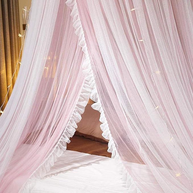 VETHIN Bed Canopy Princess for Girls,Bed Canopy Curtain Double Layer Sheer Mesh Dome Bed Curtain- Round Lace Princess Mosquito Net Tent for Twin Full Queen King Bed(Pink/White)