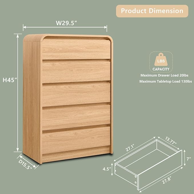 Modern 5 Drawers Dresser for Bedroom, 45" Tall Dressers & Chests of Drawers w/Curved Profile Design, Wood Mid Century Vertical Dresser w/Natural Texture for Bedroom, Living Room, Natural Oak