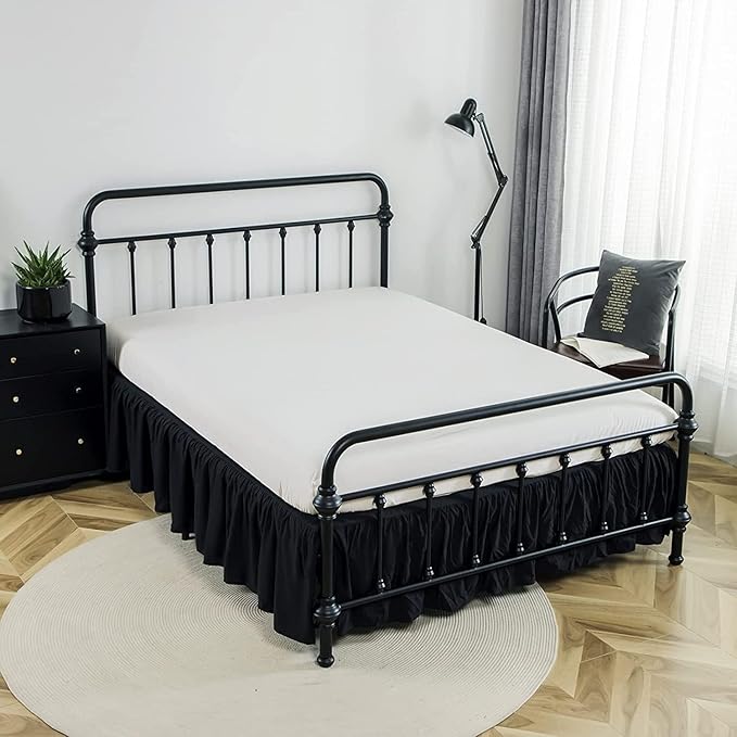 Bed Skirts King Size 12 Inch Ruffled Bed Skirt with Split Corners, 12 Inch Drop Dust Ruffle Bed Skirt with Platform, Black