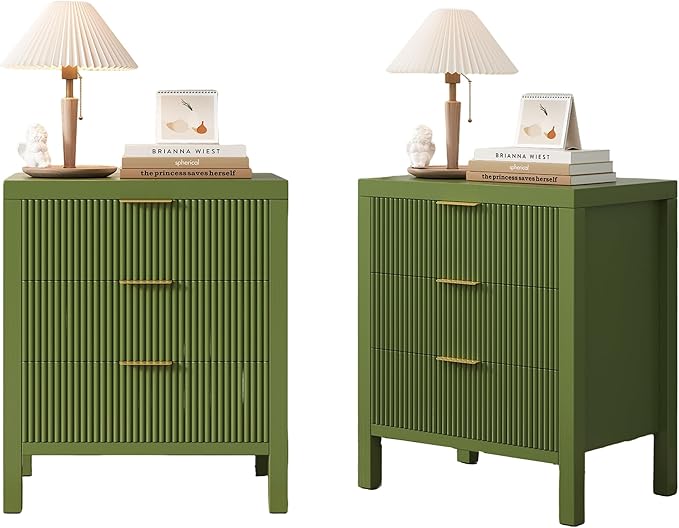 End Table with Storage, Wooden Farmhouse Nightstands with 6 Drawers, Bedside Table - Boho Tall Side Table Accent for Bedroom, Living Room, Green X2