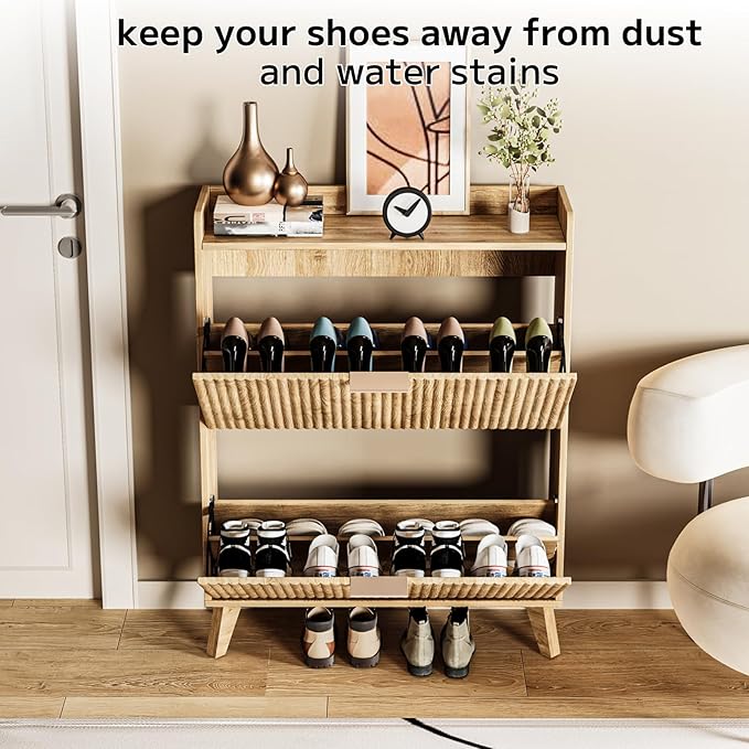 Fluted Shoe Cabinet with 2 Flip Drawers, Mid Century Modern Shoe Storage Cabinet for Entryway, Hidden Shoes Rack Cabinets Free Standing Shoes Organizer for Hallway(Oak)