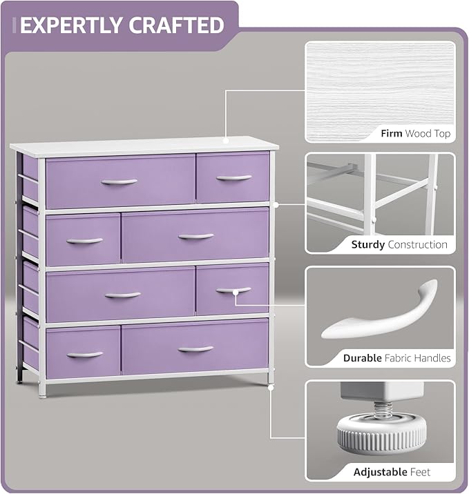 Sorbus Dresser with 8 Drawers - Furniture Storage Chest for Kid’s, Teens, Bedroom, Nursery, Playroom, Clothes, Toys - Steel Frame, Wood Top, Fabric Bins (Purple)