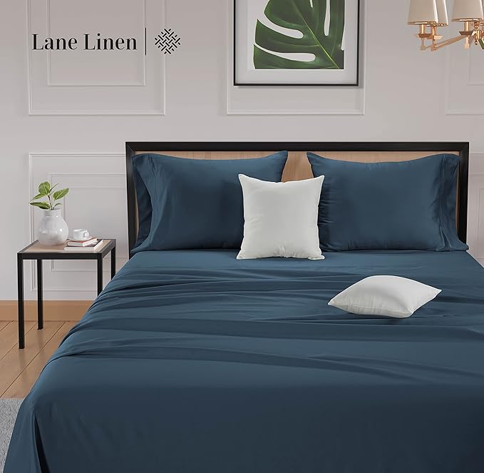 LANE LINEN 600 Thread Count 100% Mercerized Cotton Twin Sheets Set, Machine Wash, Mercerized Cotton for Sily Finish, Soft & Comfy Fully Elasticized Sheets Twin Size Bed Set, Sateen Weave - Dark Denim
