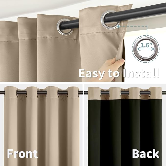 BGment Thermal Insulated 100% Blackout Curtains for Bedroom with Black Liner, Double Layer Full Room Darkening Noise Reducing Grommet Curtain (52 x 108 Inch, Sand, 2 Panels)