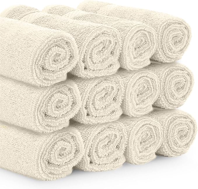 White Classic Luxury Cotton Washcloths 13x13 Inch - 650 GSM Turkish Cotton | Hotel, Spa, Bathroom Face Towel | 12 Pack, Ivory
