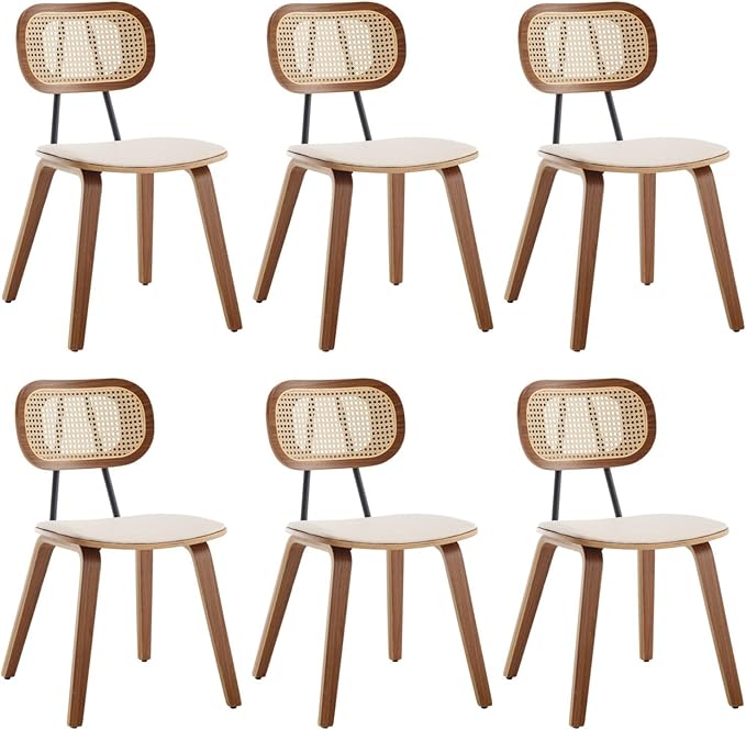 HEAH-YO Modern Dining Chairs Set of 6, Upholstered Faux Leather Dining Room Chairs with Rattan Backrest and Wood Legs, Armless Kitchen Chairs for Dining Room, Beige