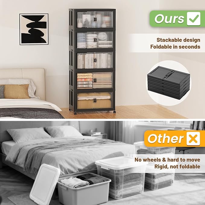 SAILUN 44Gal/175Qt Stackable Storage Bins Folding Collapsible Storage Bins with Lid, Closet Organizers and Storage Box with Door Black 18" W x 11" D x 51" H