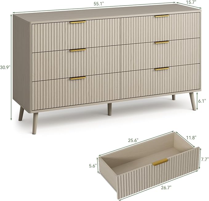 LYNSOM Fluted Dresser and Nightstand Sets 3 Piece, 6-Drawers Dresser and 1-Drawer Nightstands Set of 2, Wood Bedroom Furniture Set for Home, Bedroom, Hallway, Beige