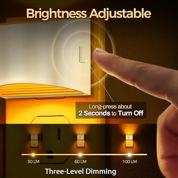 DORESshop LED Night Light[2 Pack], Night Lights Plug into Wall, 3 Level Brightness Adjustable Plug in Night Light, Dusk to Dawn Sensor Nightlights for Adults,Bedroom,Bathroom,Hallway,Amber White Cover