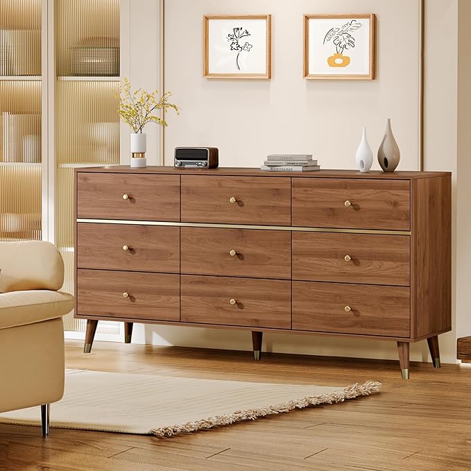 9 Drawer Dresser,63" Wide Mid Century Modern Chest of Drawers,Wooden Bedroom Drawer Dresser with 9 Storage Drawers for Bedroom, Living Room,with Anti-Tipping Device,Walnuts