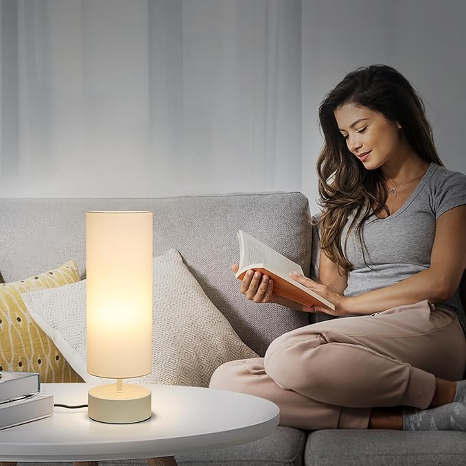 Touch Control Table Lamp, 3 Way Dimmable Bedside Table Lamp with Cream Base, Simple Nightstand Lamp with Beige Shade, Modern Night Light for Bedroom Living Room Home Office, 9W LED Bulb Included