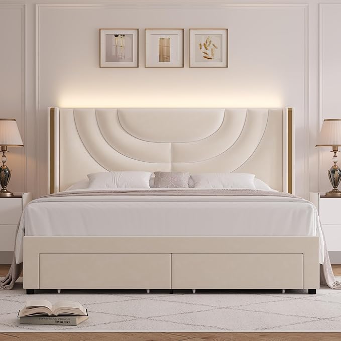 HITHOS King Upholstered LED Bed Frame with 2 Storage Drawers, Velvet Platform Bed with Wingback Headboard, Solid Wooden Slats Support, No Box Spring Needed, Headboard Splicing Design, Beige