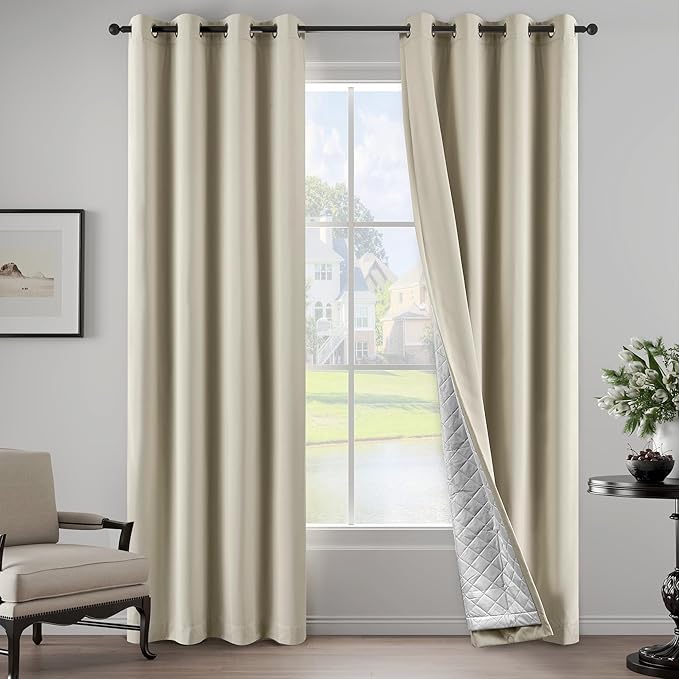 Beige 3-in-1 Layers Noise Reducing Curtains for Bedroom Light Blocking Blackout Curtains Thermal Insulation Privacy Drapes for Living Room (1 Panel, Beige, 50" x 96")