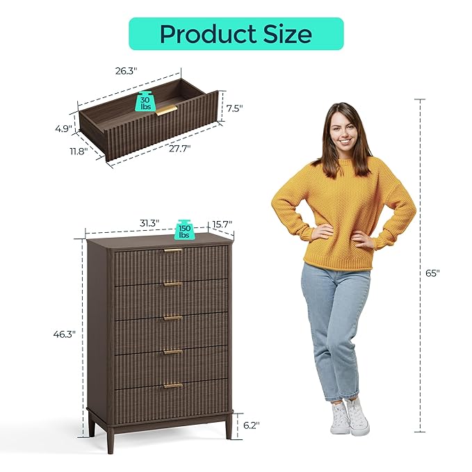 LINSY Fluted Dresser for Bedroom with 5 Drawers, Mid Century Modern Chest of Drawers with Gold Metal Handles, Tall Boho Wood Dressers, Large Farmhouse Storage Cabinet for Bedroom, Living Room, Walnut