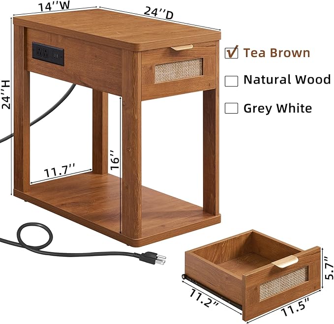 LEYAOYAO Narrow Side Table with Charging Station, 24x14''Rattan Night Stand with Drawer Storage, Brown Bedside End Table with Metel Handle for Small Spaces Wood Boho Nightstand for Living Room Bedroom