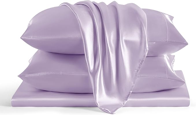Bedsure Satin Sheets Queen Size - 4 Piece Silky Bedsheets with 15 Inches Deep Pocket Fitted Bedsheet,1 Flat Sheet, 2 Satin Pillowcases, Good for Hair & Skin (Queen, Lavender)