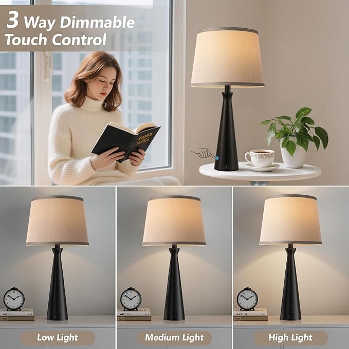 Seealle Modern Table Lamps Set of 2 - Touch Bedside Lamp for Nightstand with Dual USB C+A,3-Way Dimmable Black Nightstand Lamps for Living Room Bedroom End Table with Grey Shade(Bulb Included)