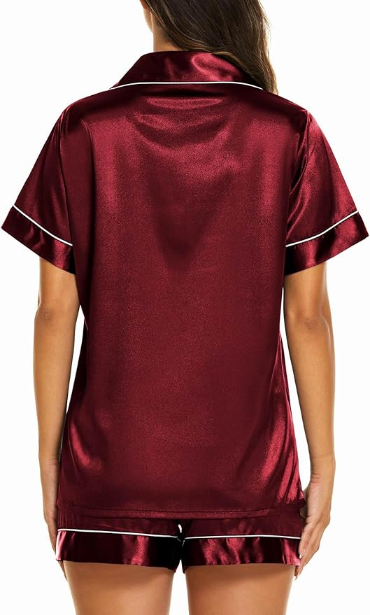 Ekouaer Silk Pajamas for Women Short Sleeve Sleepwear Soft Button Down Loungewear 2 Piece Satin Pjs Shorts Set