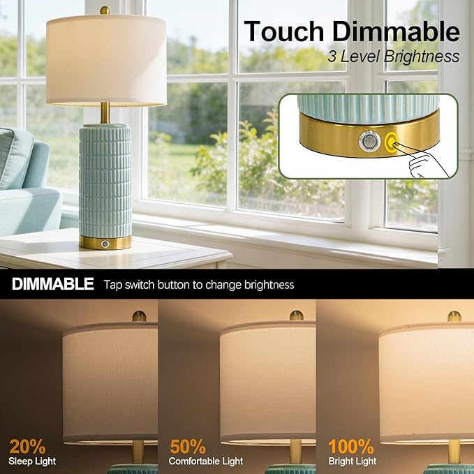 PoKat 25'' Bedside Table Lamps Set of 2 for Living Room, 3-Way Dimmable Touch Lamps for Bedroom, Modern Lamps for Nightstand with USB Ports, Coastal Blue Lamp for Office Sideboard (Bulbs Included)