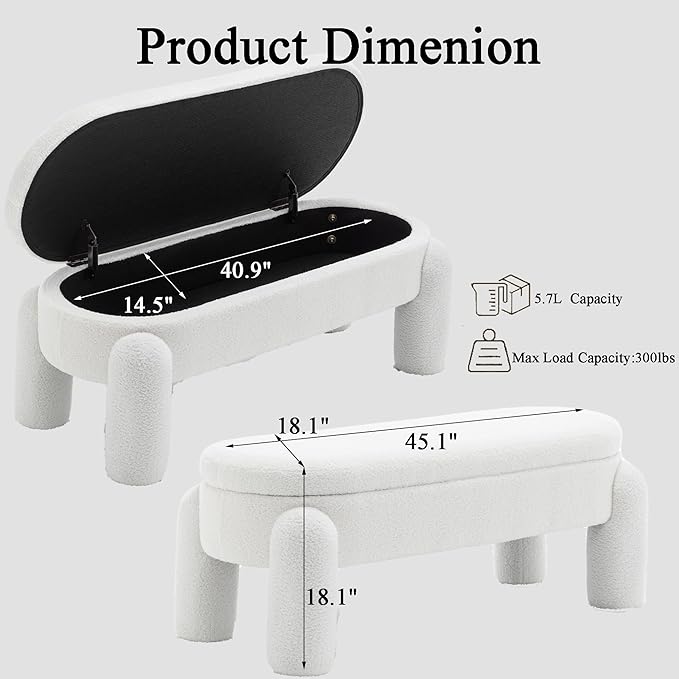 Ottoman with Storage, Large Foot Rest Ottoman Storage Bench,End of Bed Bench,Upholstered Seating,for Entryway, Hallway, Living Room,Bedroom (White)