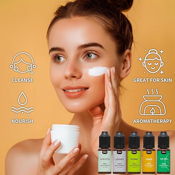 Essential Oils for Diffuser for Home, Top 5 Aromatherapy Oils,Candle&Soap Making,10ml（Orange, Lavender, Peppermint, Eucalyptus, Tea Tree）
