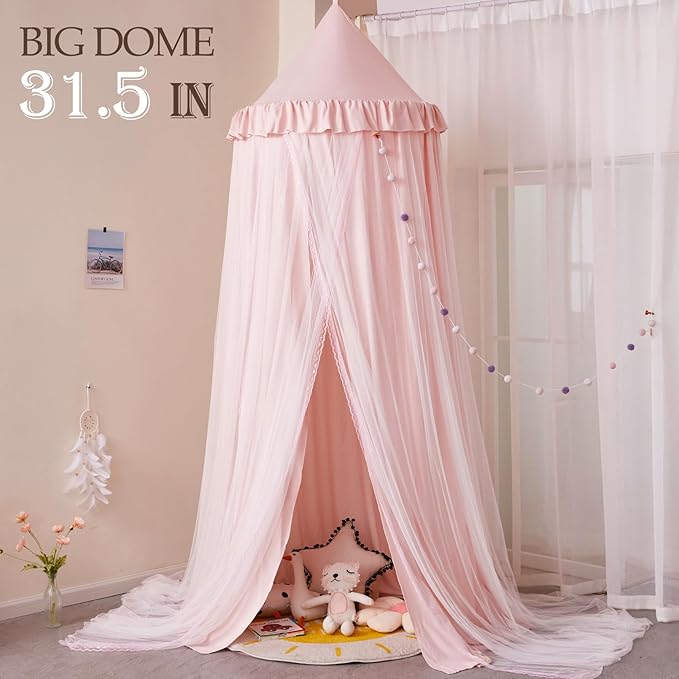 Kertnic 31.5inch Large Dome Bed Canopy for Girls, Double Layer Dreamy Ruffle Princess Canopy, Bedroom Hanging Tent Kids Reading Nook Canopies,Full Queen Bed Canopy Curtain (Beige Pink)