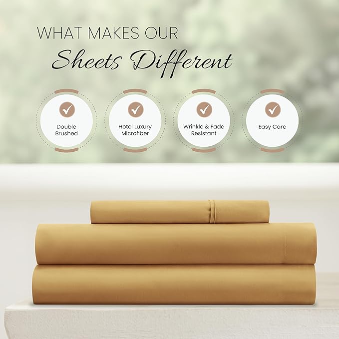 Linen Market Brushed Microfiber Twin Sheet Set 3 Piece – Oeko-TEX Certified Ultra Soft & Wrinkle-Free - 16" Deep Pocket Sheets - Easy Care Twin Size - Gold