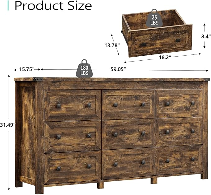 Dresser for Bedroom with 9 Drawers, Farmhouse Wood Chest of Drawers, Wide TV Stand Closet Storage Furniture with Metal Handle, Modern Clothes Organizer for Hallway, Living Room, Entryway, Brown