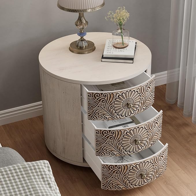 COSIEST Bedside Table Set of 2, Wood Nightstand 3 Drawers, Farmhouse Round End Table with 3 Drawers, Dresser with Drawers for Bedroom, Living Room