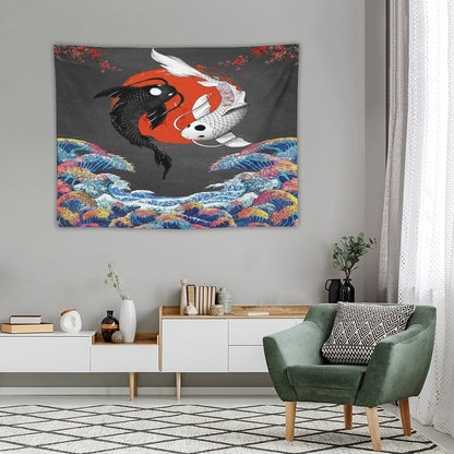 Houselerax Japanese Koi Fish Tapestries, Yin Yang Big Wave Cherry Blossom Tapestry Wall Hanging for Bedroom Living Room Office Decor 40"x30"