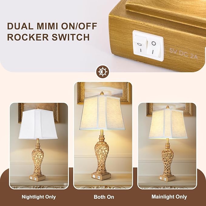Vintage Table Lamps Set of 2, 28.5'' Tall Antique Gold Bedside Lamps with Fabric Shades, USB A+C Charging Ports & Night Light, Farmhouse Nightstand Lamps for Bedroom Living Room Office (Bulb Included)