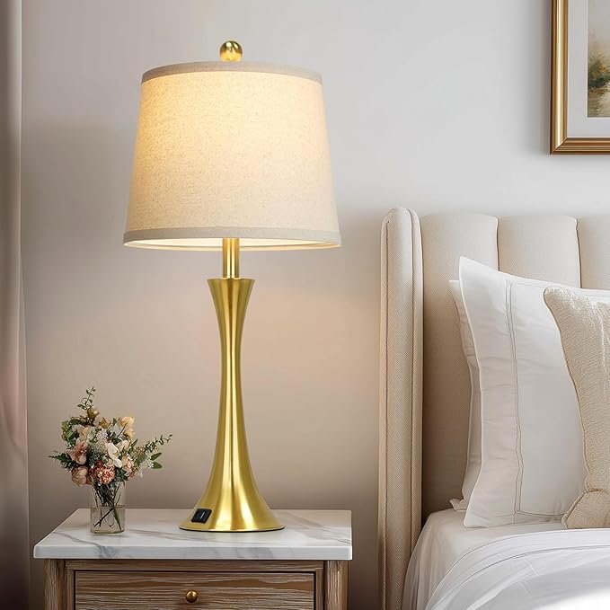 27.5" Gold Lamps for Living Room, Touch Control 3-Way Dimmable Bedside Nightstand Lamps Bedroom Lamp,Modern Gold Table Lamp with USB A+C Ports,Tall Lamps for Living Room End Table（1Pack）