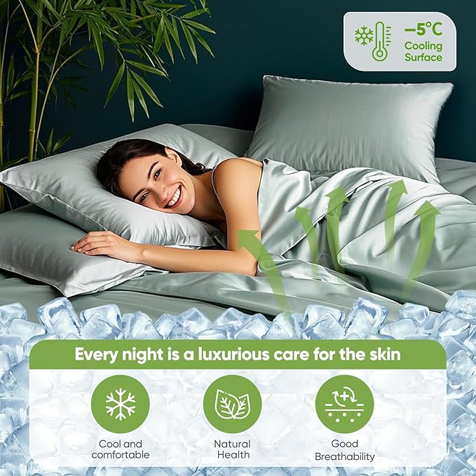 TWK Luxury Sheet Set, Genuine 100% Viscose Derived from Bamboo, Cooling & Breathable, Silky Soft, Bedding Sheets & Pillowcases (Sea Glass, Queen)