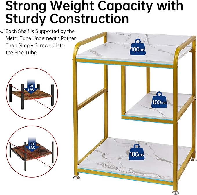 Large Printer Table Stand with Shelf for Computer Tower, CPU and Shredder, 22 x 18 Inch Rolling Printer Cart with Wheels for Home Office Storage and Organization - White Gold
