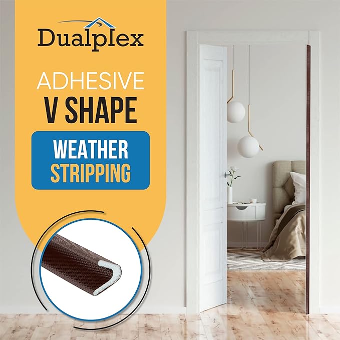 Adhesive V Shape Weatherstrip, Weather Stripping Door Seal Strip Foam Door Frame Insulation Side Jamb Bottom Groove Gap Filler Soundproof V Weatherstripping (Dark Brown, 1/2 in x 1/2 in x 26 Ft)