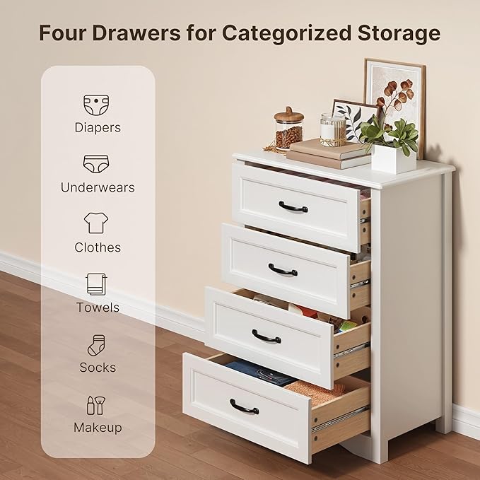 Gizoon Dresser for Bedroom with 4 Drawers Wooden Chest of Drawers for Closet Dresser Storage Unit Organizer for Hallway Living Room and Office, White