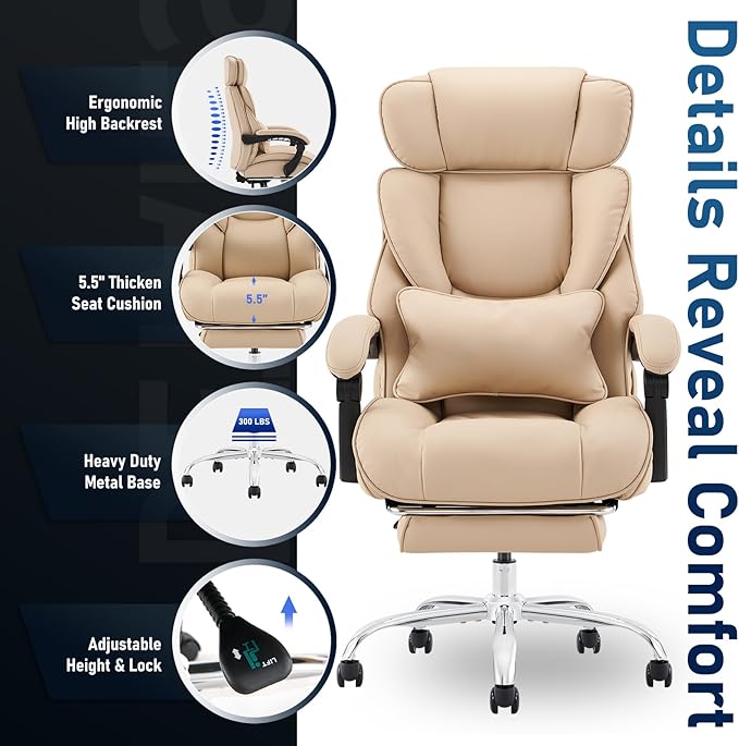 COLAMY Office Chair with Retractable Footrest, Ergonomic High Back Design Executive Computer Desk Chair with Removable Lumbar Pillow, 90-135°Reclining, Thick Bonded Leather for Home Office Work, Khaki