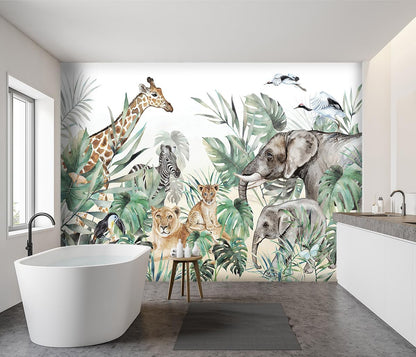 -Tropical Rainforest Plants Animals Tigers Fabric Wallpaper Jungle Plants Banana Leaves Boys Girls Kindergarten Children Bedroom Large Mural- 160"x108"（ not Peel and Stick）